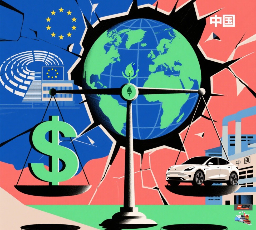 Conceptual image of China-EU trade friction and green cooperation: the game relationship between EU tariff policy and China's new energy exports, the scale symbolizes trade imbalance, and the broken earth background reflects supply chain conflict.