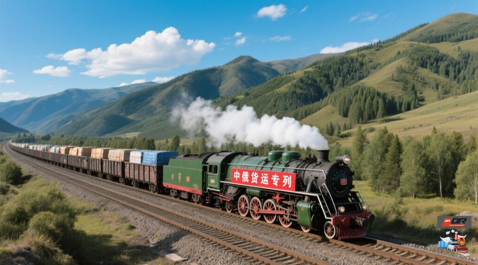 The picture shows a train loaded with cargo running on the rails, marked with the words 