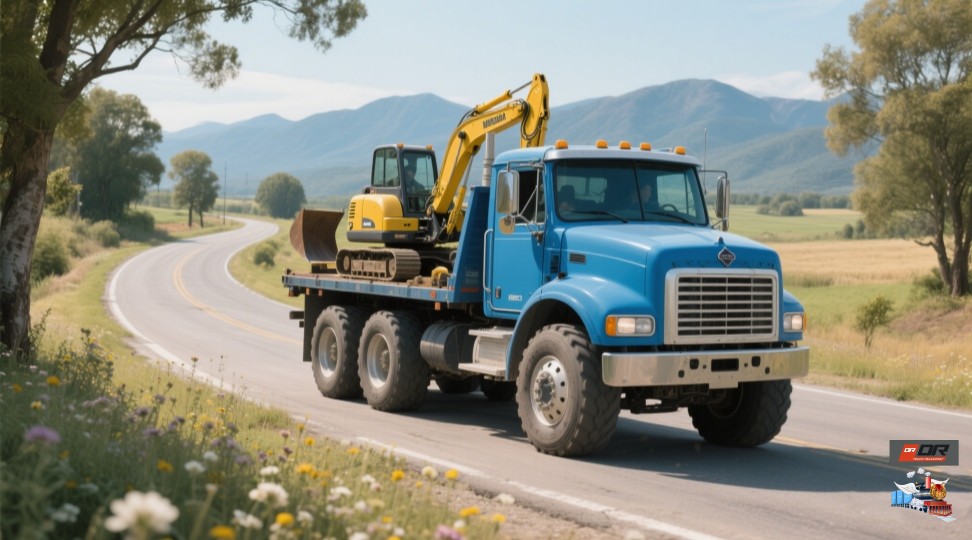 Road transport of small excavators: flexible and convenient door-to-door service Large trucks travel on the road, loading small excavators, flexible and convenient