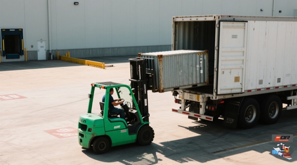 efficient loading process: Forklifts help small excavators load quickly A forklift is loading a container with a mini excavator onto a freight truck or train, highlighting the efficient loading process