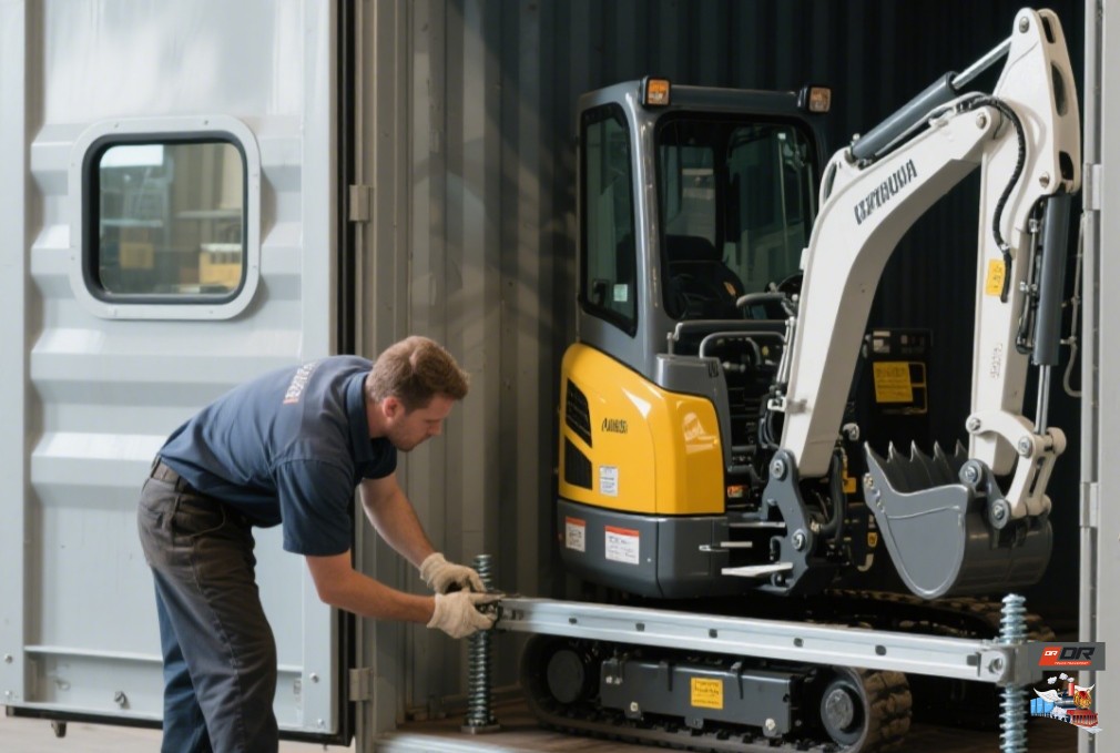 professional packaging technology: ensuring safe transportation of small excavators The staff loaded the small excavator into the container and fixed it firmly, professionally packed