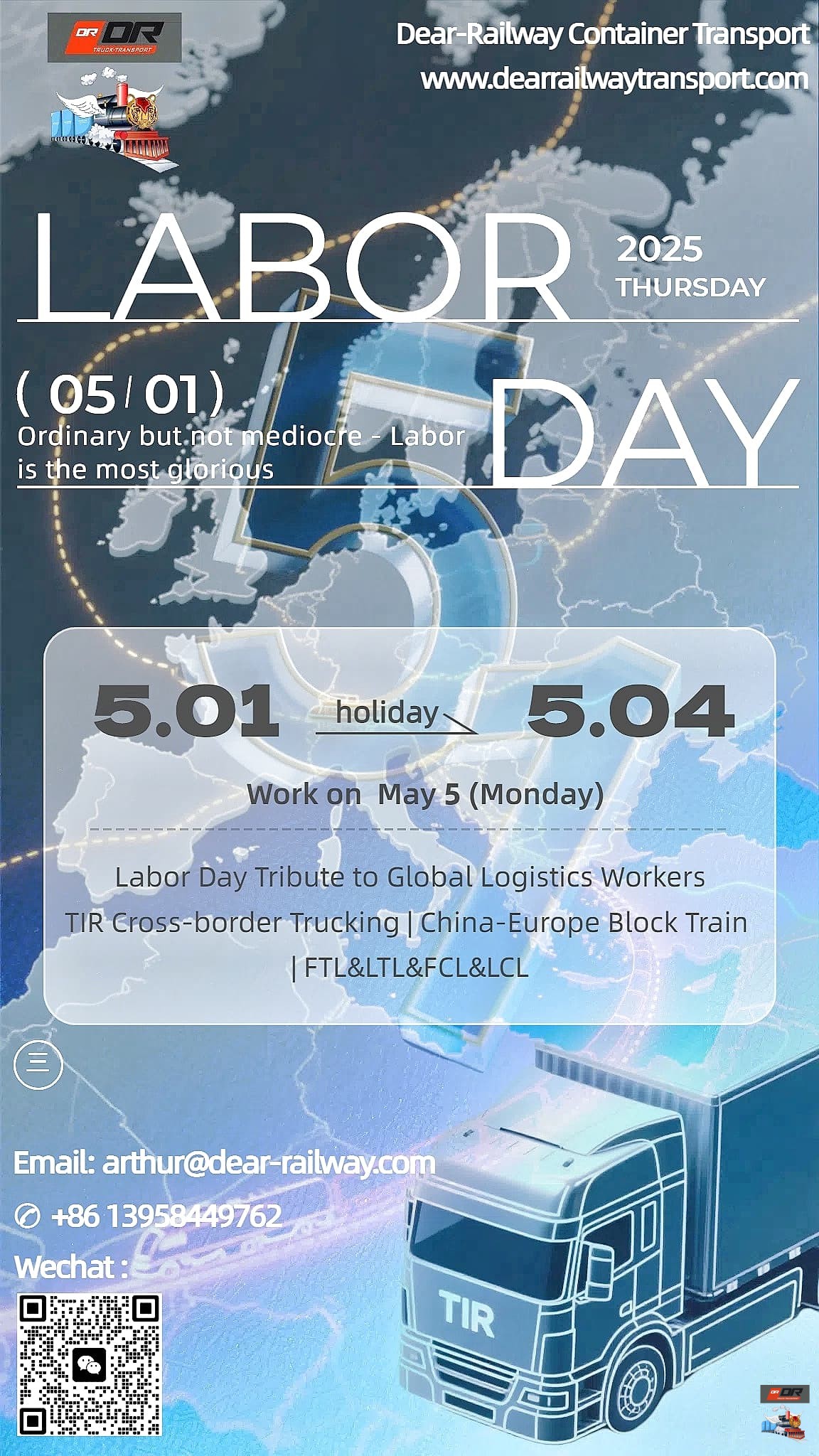 DR Trans May Day holiday announcement poster: The background is a China-Europe train and TIR truck fleet crossing the Eurasian continent, with the holiday dates of May 1-4, 2025, displayed in the center, and an emergency contact number +86 139 5844 9762 attached below. Visit the official website now to view the cross-border logistics resumption plan after the holiday