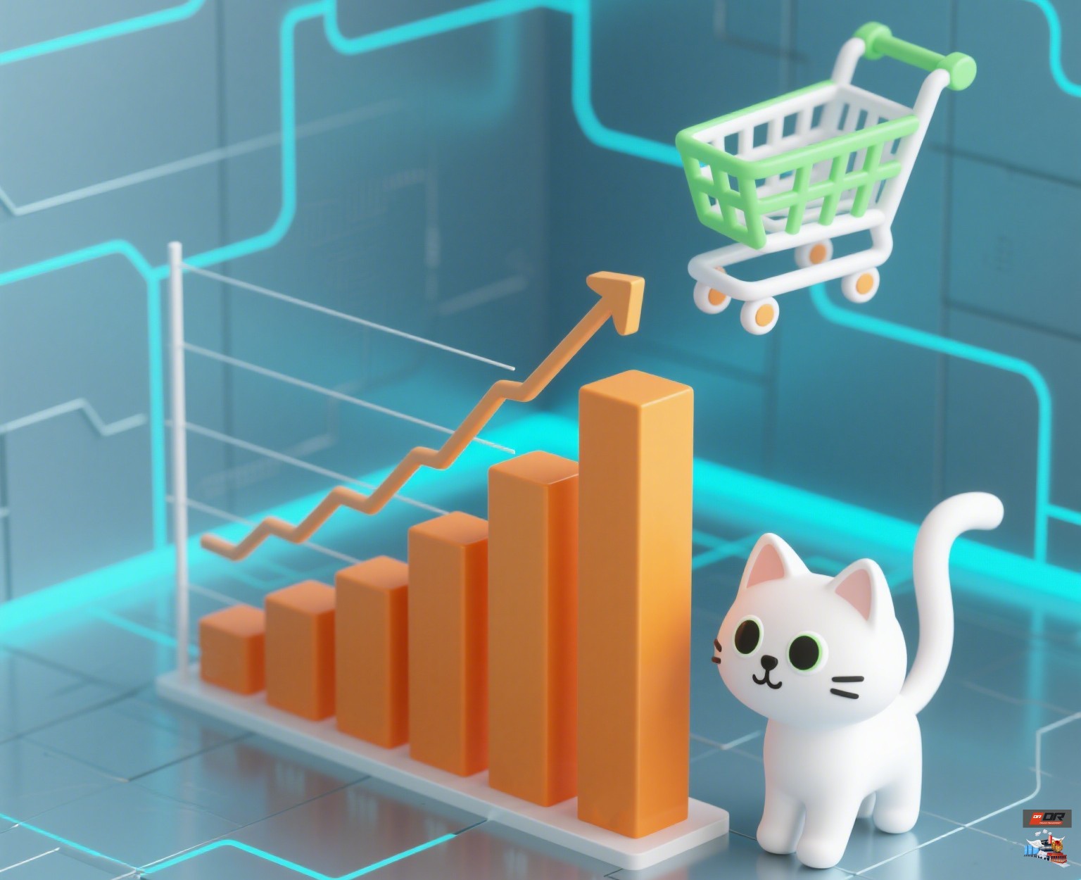 Russian cat food market share bar chart with e-commerce shopping cart and sustainable packaging icons