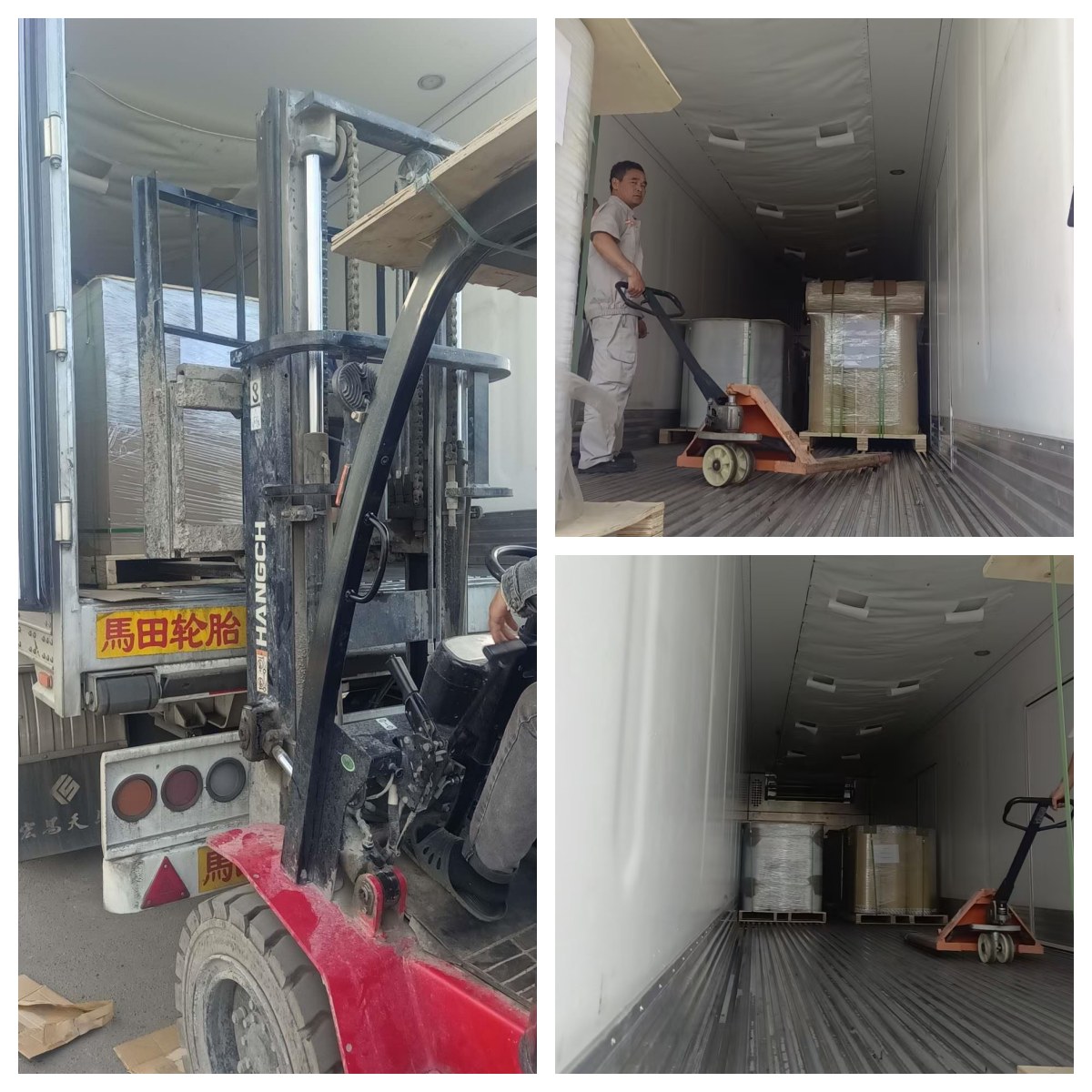 DR Trans TIR truck loading temperature-sensitive self-adhesive labels in Jiangsu warehouse with climate control