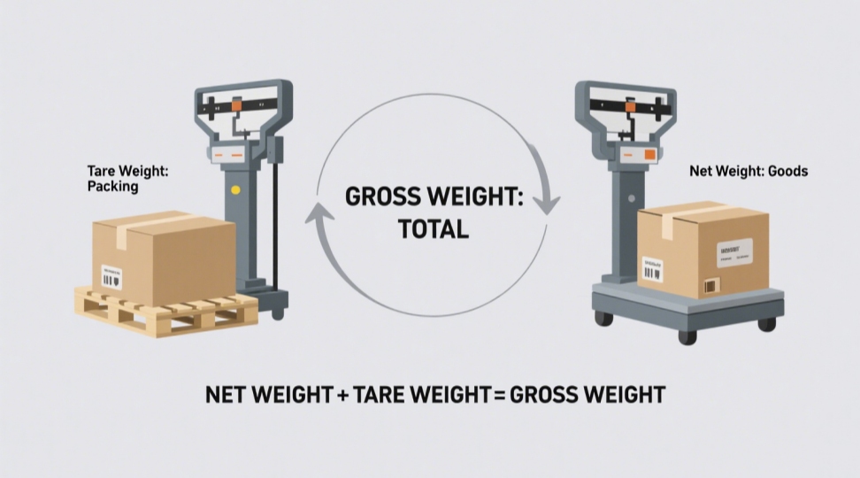 iagram comparing net weight (goods on scale) and tare weight (packaging on scale) adding up to gross weight (combined total). Illustrates the formula: Net Weight + Tare Weight = Gross Weight for shipping calculations.