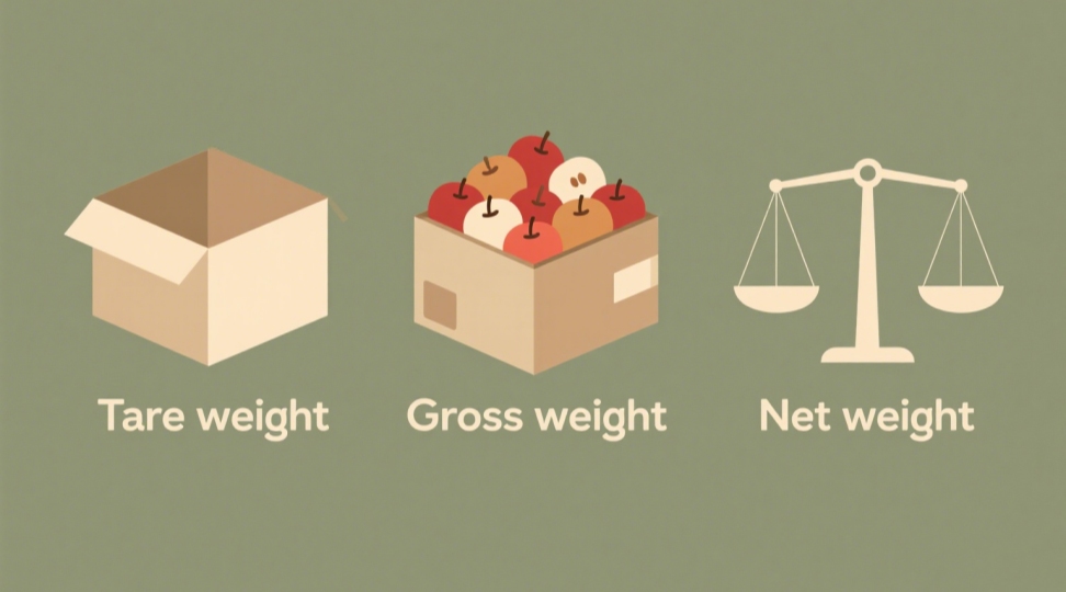 Infographic diagram showing the difference between tare weight (empty container), net weight (cargo only), and gross weight (total container load) in international shipping. Formula: Net Weight + Tare Weight = Gross Weight.