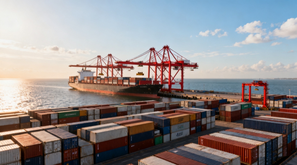 International shipping consignment at port International shipping consignment at a busy container port showing container stacks and cranes