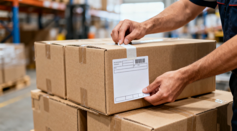 Consignor packing cargo for shipment Consignor prepares packaging and shipping labels before export to ensure safe international transport.