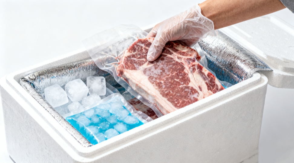 Insulated packaging with dry ice and gel packs for shipping frozen goods