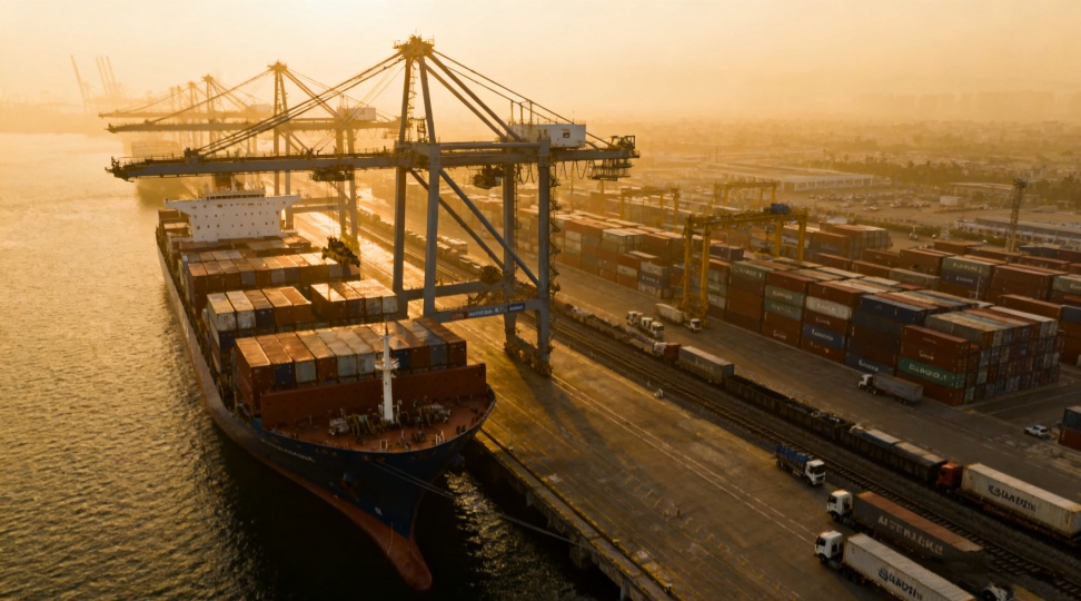 hero-aerial-seaport-container-terminal Aerial view of a busy seaport and container terminal with ship-to-shore cranes unloading containers.