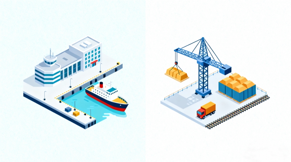 infographic-port-vs-terminal Icon-style infographic composition comparing port elements and terminal elements (no text).