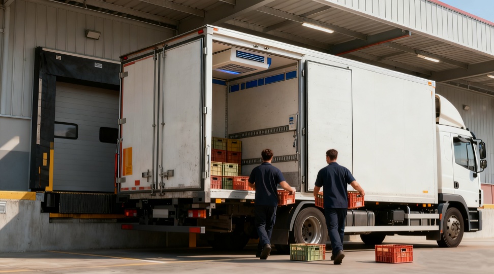 Two logistics workers loading temperature-sensitive goods into a refrigerated vehicle, part of DR Trans&rsquo;s cold chain sea freight service from China to Australia.