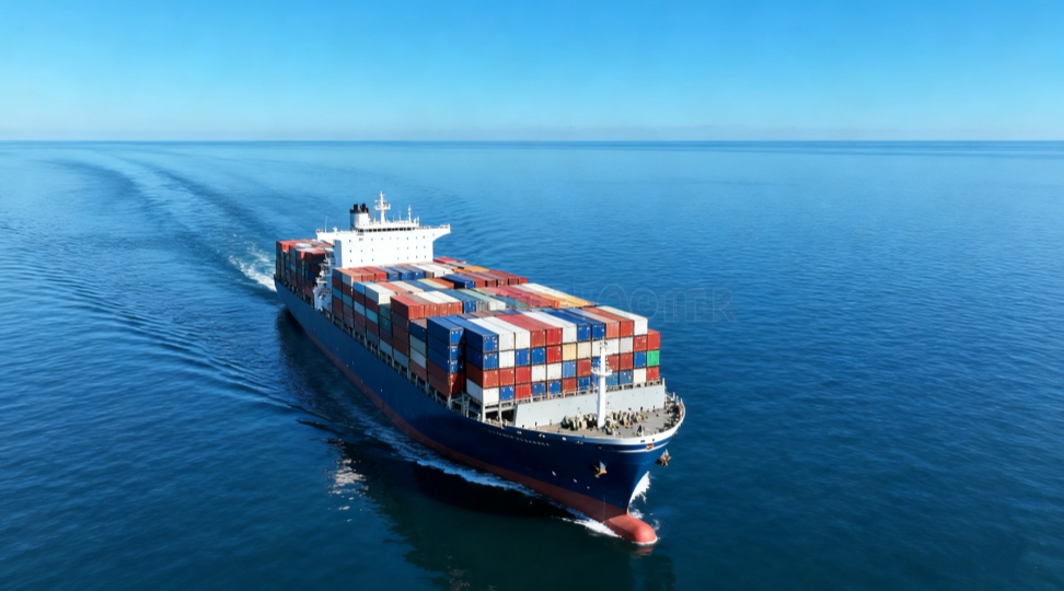 A realistic container ship sailing across the ocean, symbolizing reliable and efficient ocean shipping from Ningbo to Hamburg.