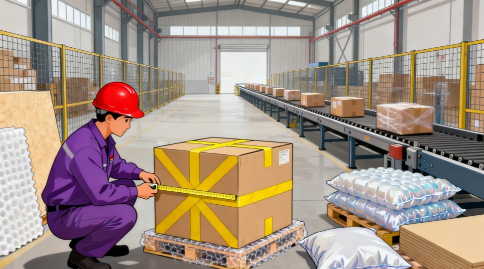 Secure LCL packing and palletizing showing protective packaging and label handling