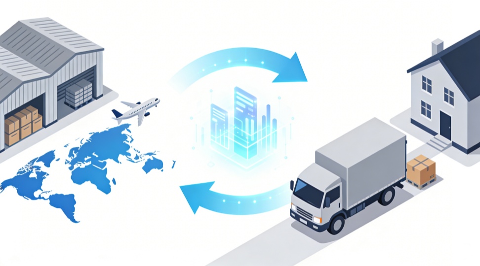 Diagram illustrating the synergistic effects of logistics and distribution in the supply chain The logistics and distribution collaboration flowchart illustrates the relationship between logistics (warehousing and global transportation) and distribution (last-mile delivery) in the supply chain through data flow.