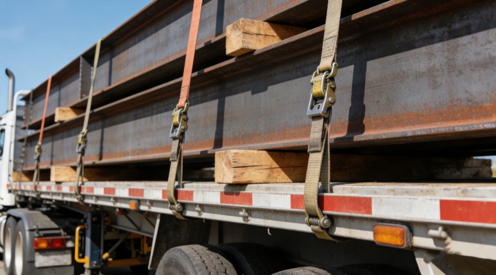 flatbed dunnage wood blocks under heavy steel beams with ratchet straps