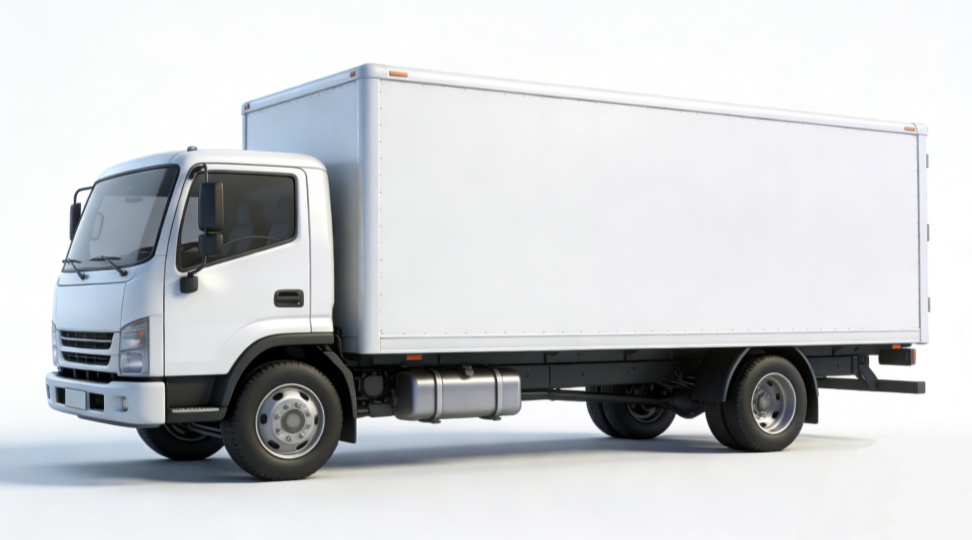 A modern white box truck (straight truck) isolated on a white background, side view.