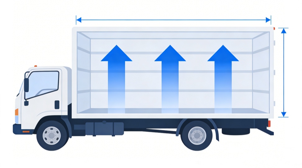 Infographic illustration of a straight truck with arrows indicating key dimensions like cargo length, height, and overall vehicle length.